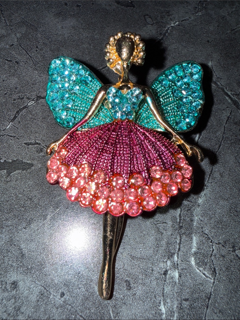 Crystal Fairy Brooch - Pink & Teal Rhinestone Ballet Pin